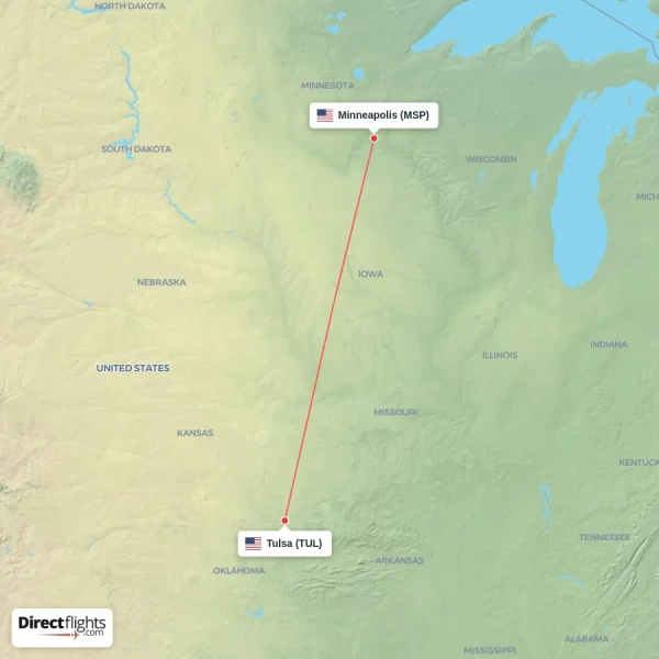 Minneapolis - Tulsa direct flight map