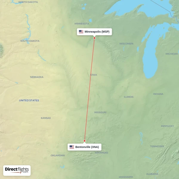 Minneapolis - Bentonville direct flight map