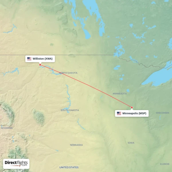 Minneapolis - Williston direct flight map