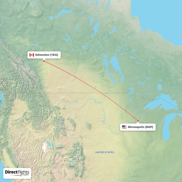 Minneapolis - Edmonton direct flight map