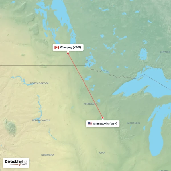 Minneapolis - Winnipeg direct flight map