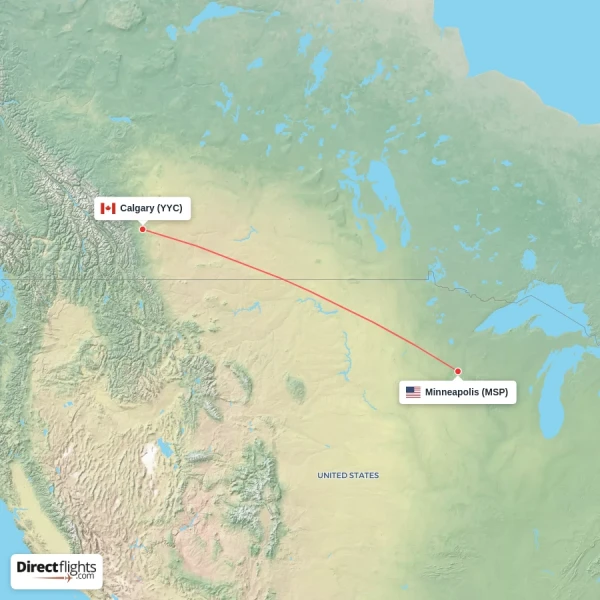 Minneapolis - Calgary direct flight map