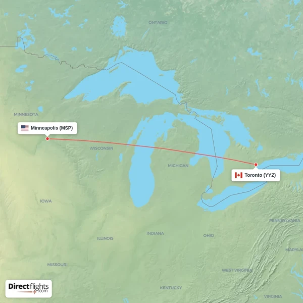 Minneapolis - Toronto direct flight map