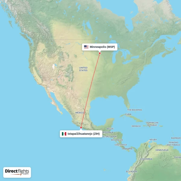 Minneapolis - Ixtapa/Zihuatanejo direct flight map