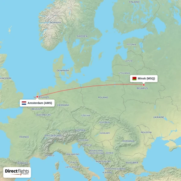 Minsk - Amsterdam direct flight map