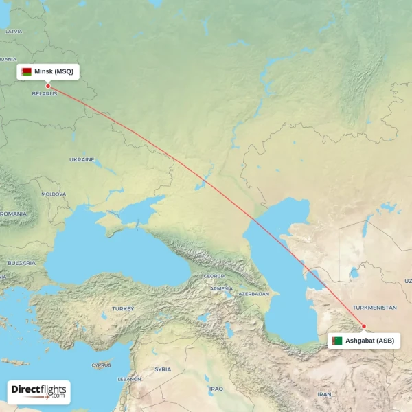 Minsk - Ashgabat direct flight map