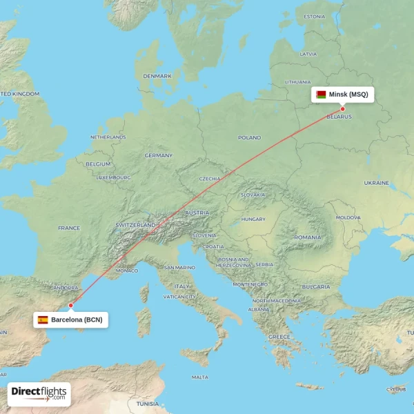 Minsk - Barcelona direct flight map