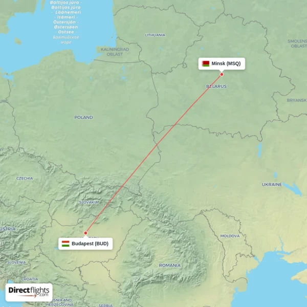 Minsk - Budapest direct flight map
