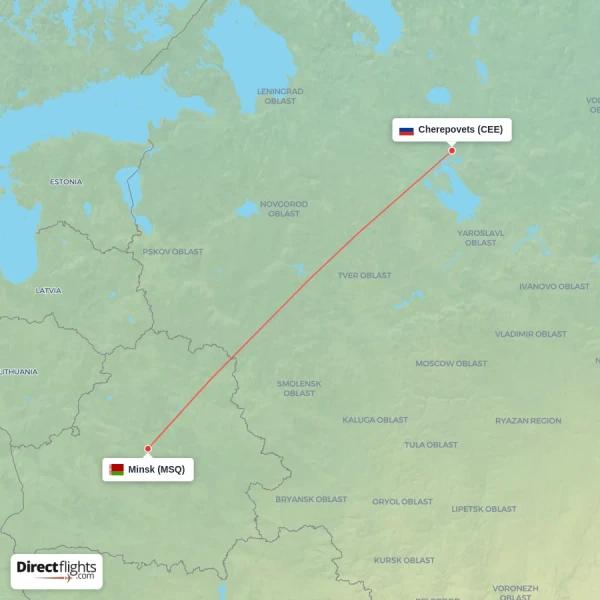 Minsk - Cherepovets direct flight map