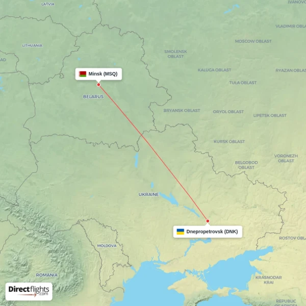 Minsk - Dnepropetrovsk direct flight map
