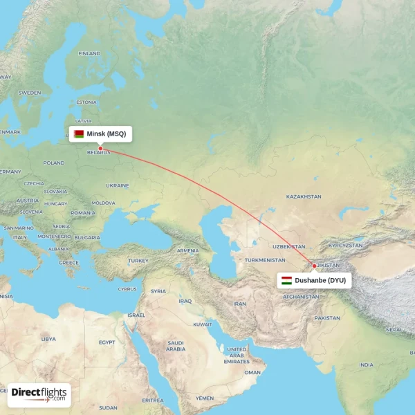Minsk - Dushanbe direct flight map
