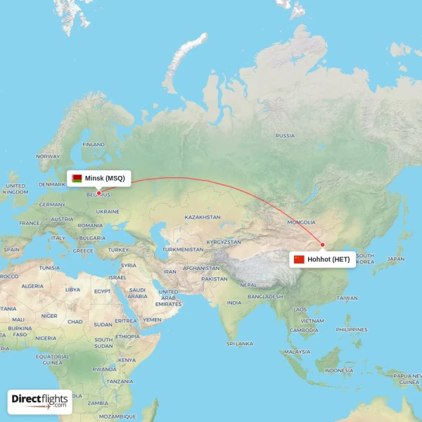 Minsk - Hohhot direct flight map