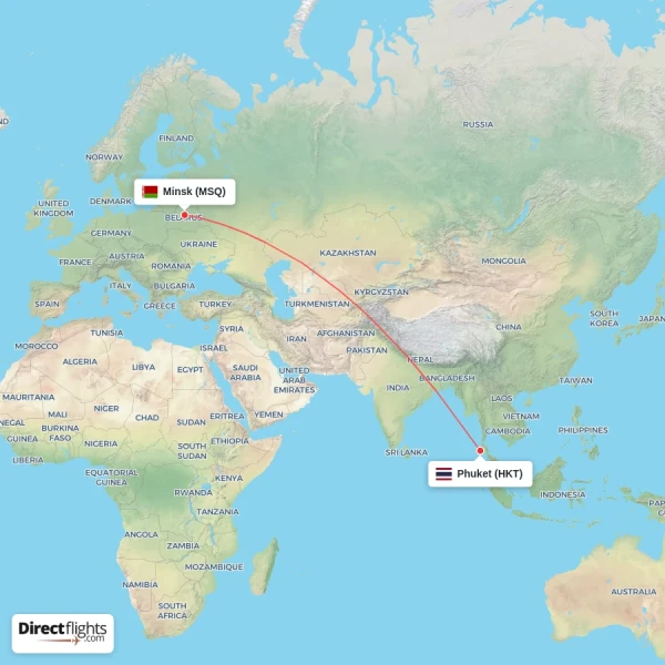 Minsk - Phuket direct flight map