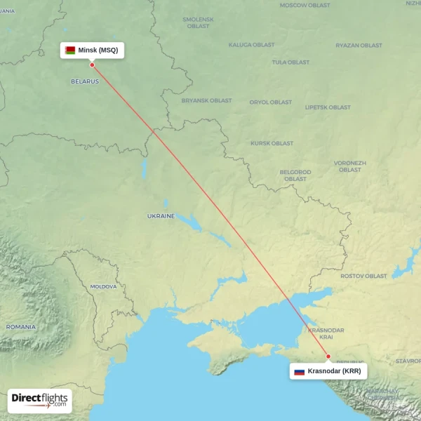 Minsk - Krasnodar direct flight map