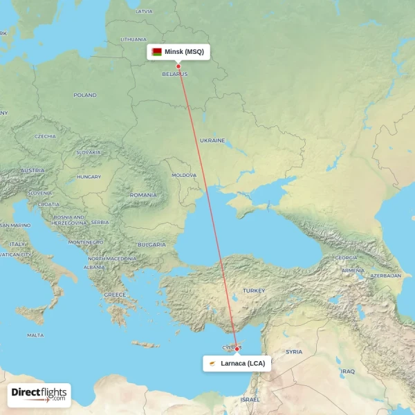 Minsk - Larnaca direct flight map