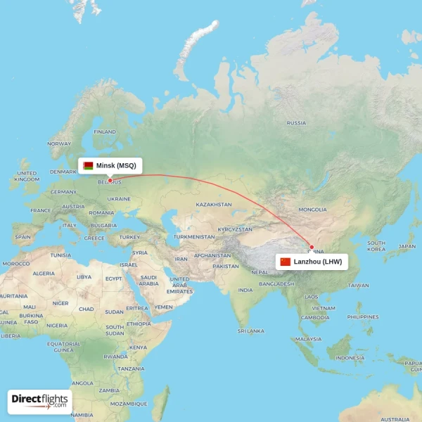 Minsk - Lanzhou direct flight map