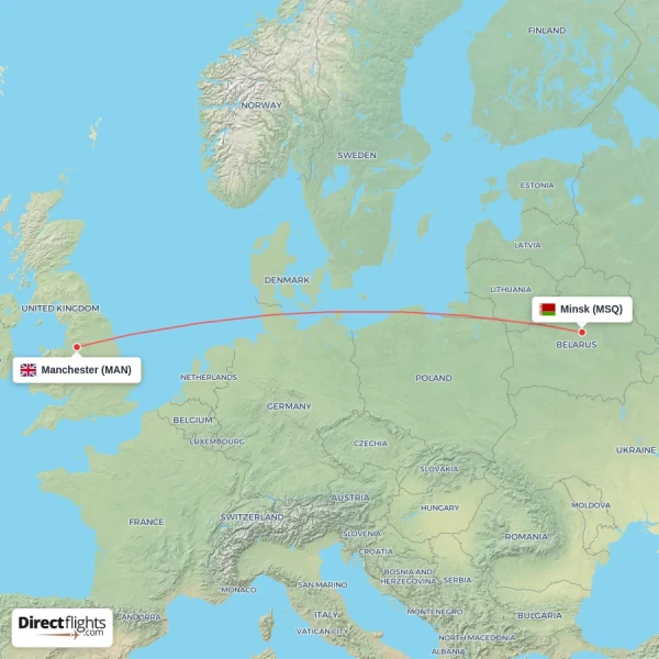 Minsk - Manchester direct flight map