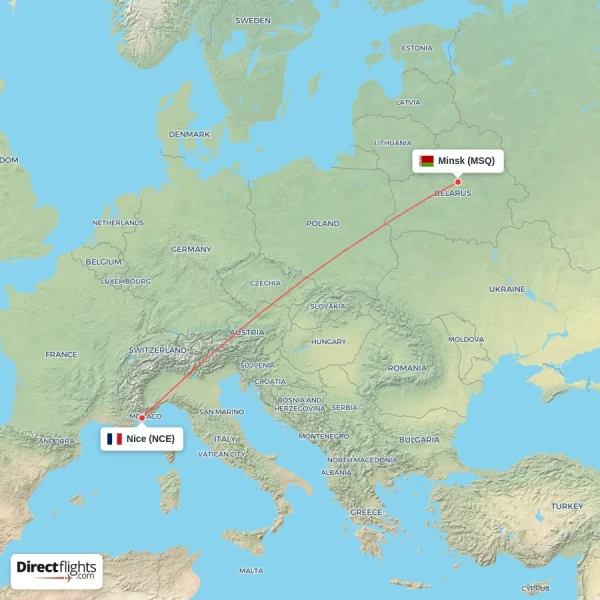 Minsk - Nice direct flight map
