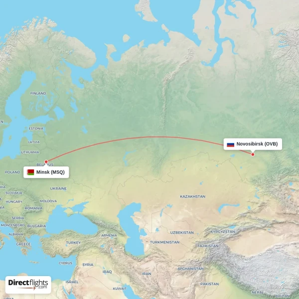 Minsk - Novosibirsk direct flight map