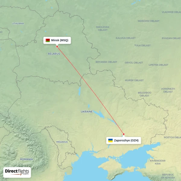 Minsk - Zaporozhye direct flight map