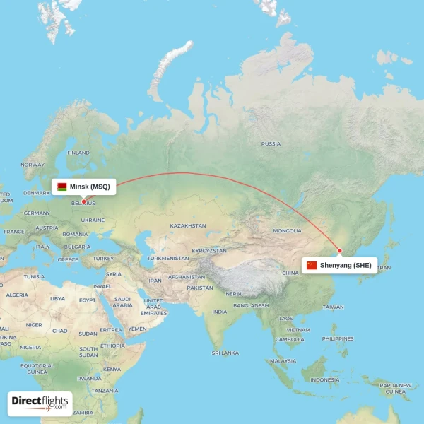 Minsk - Shenyang direct flight map