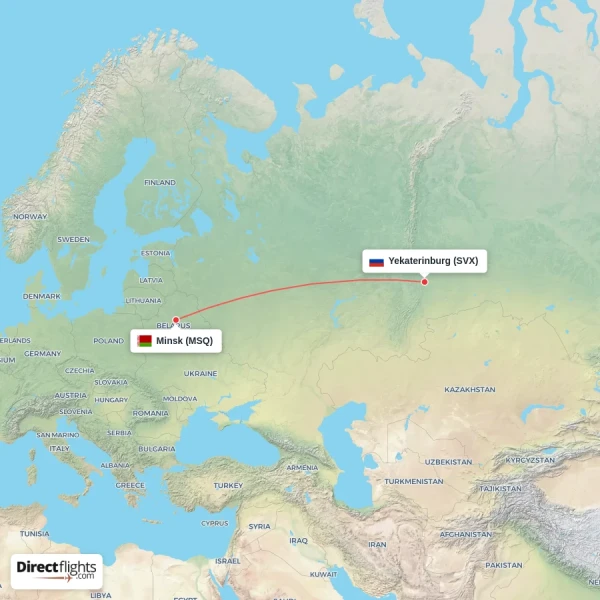 Minsk - Yekaterinburg direct flight map