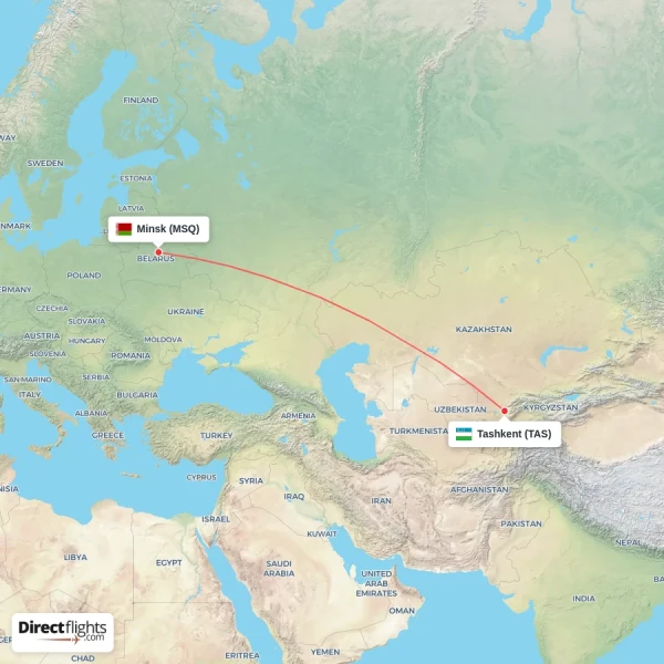 Minsk - Tashkent direct flight map