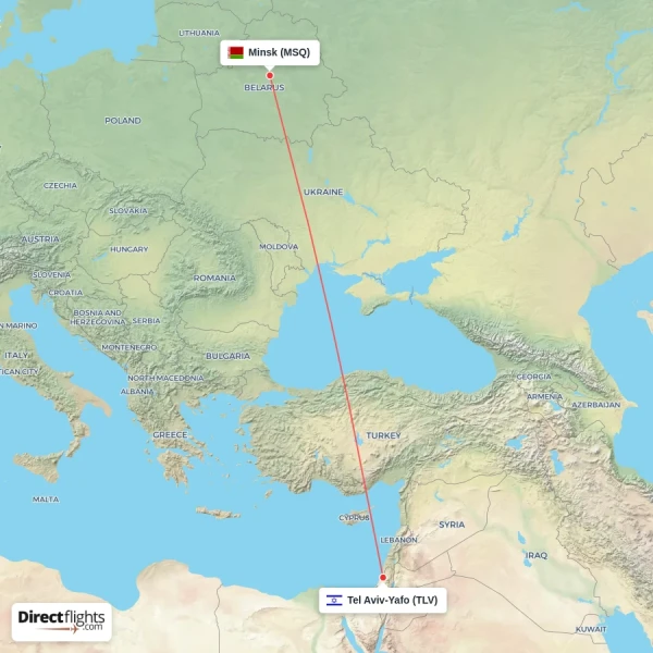 Minsk - Tel Aviv-Yafo direct flight map