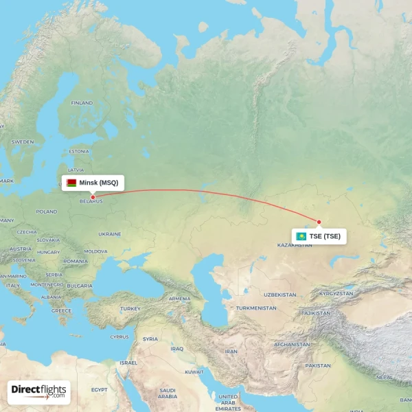 Minsk - TSE direct flight map