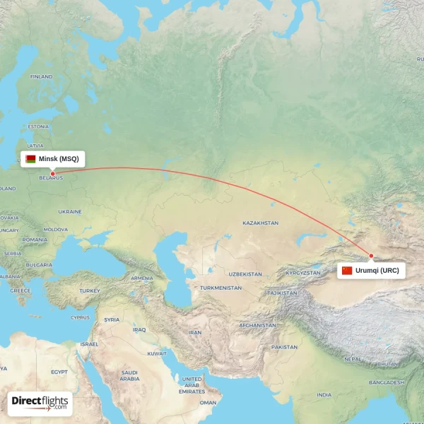 Minsk - Urumqi direct flight map