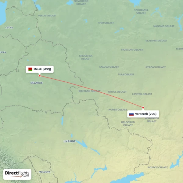 Minsk - Voronezh direct flight map
