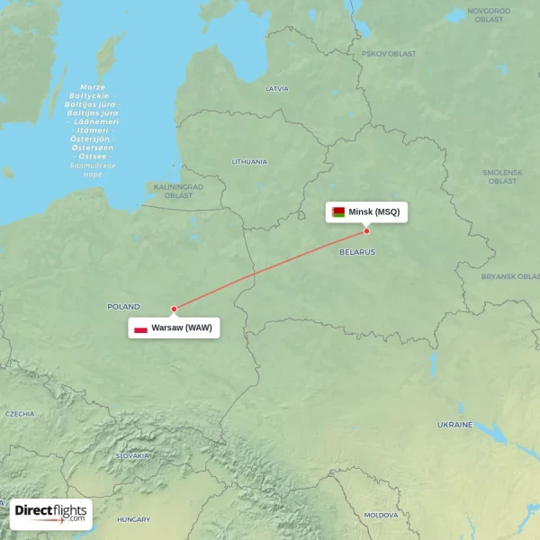 Minsk - Warsaw direct flight map