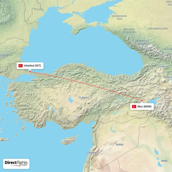 Mus - Istanbul direct flight map