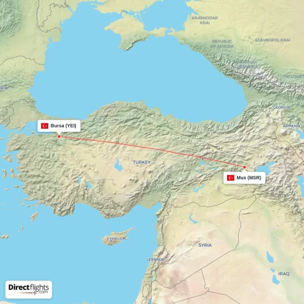 Mus - Bursa direct flight map