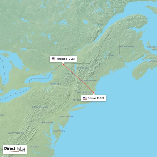 Massena - Boston direct flight map