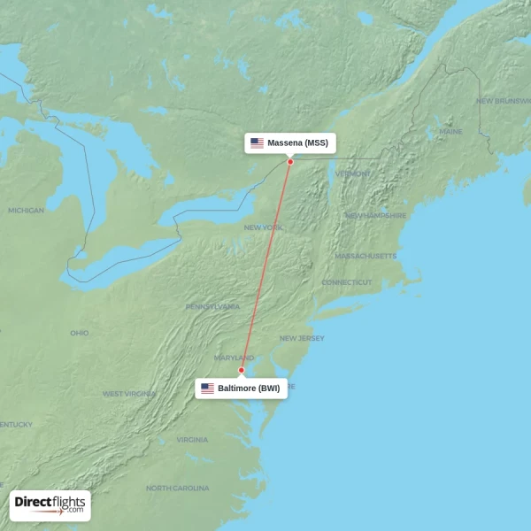 Massena - Baltimore direct flight map
