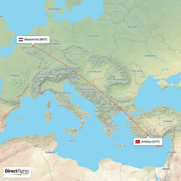 Maastricht - Antalya direct flight map