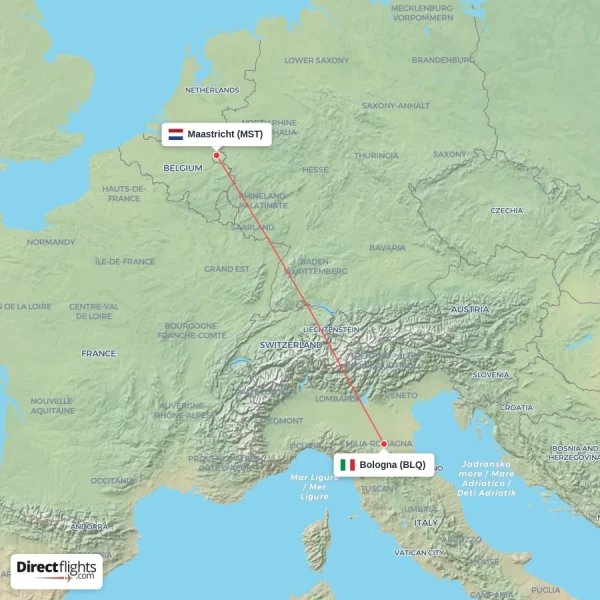 Maastricht - Bologna direct flight map