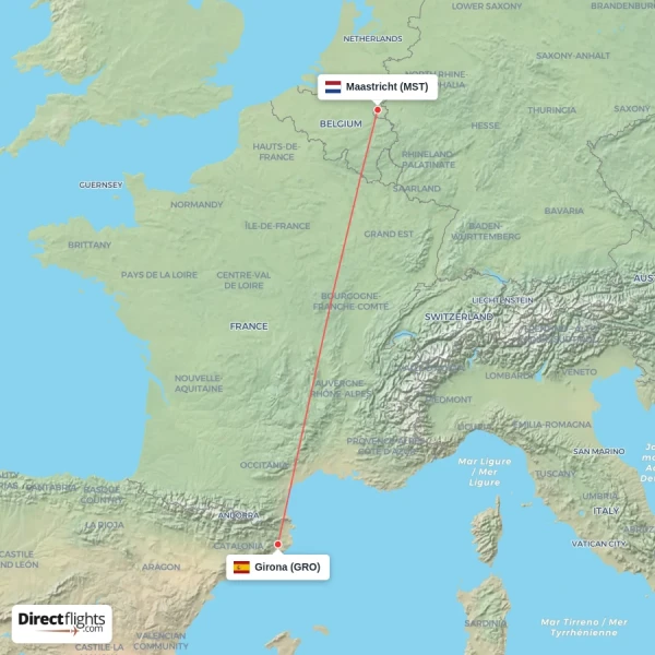 Maastricht - Girona direct flight map