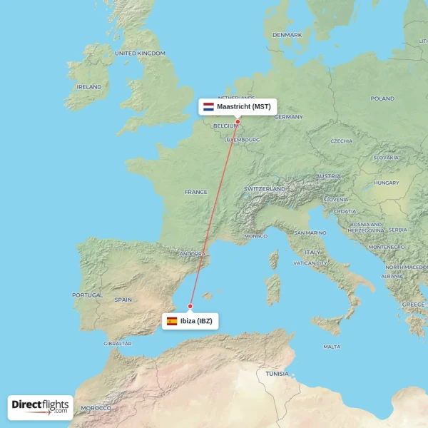 Maastricht - Ibiza direct flight map