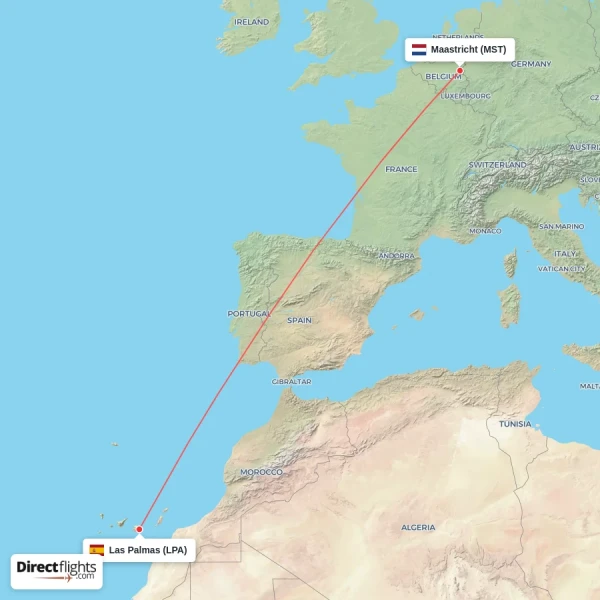 Maastricht - Las Palmas direct flight map