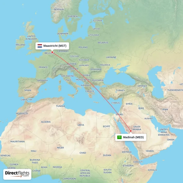 Maastricht - Madinah direct flight map