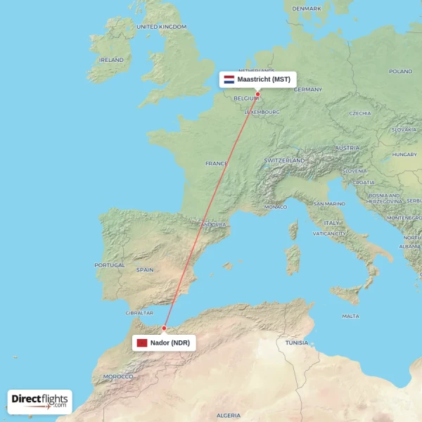 Maastricht - Nador direct flight map