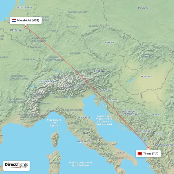 Maastricht - Tirana direct flight map