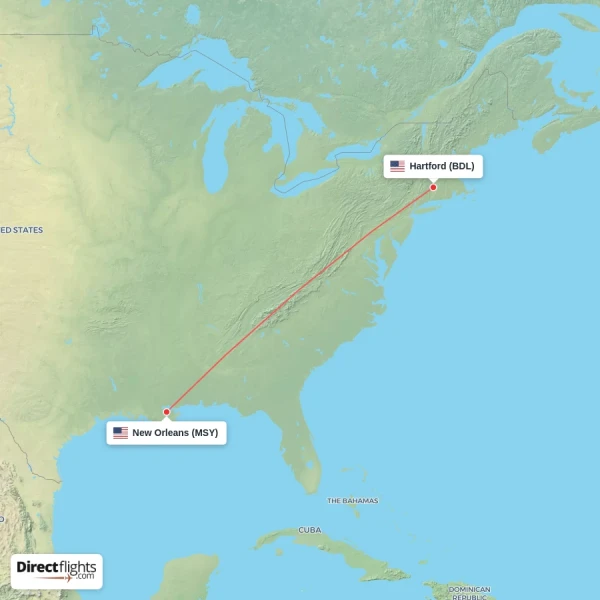 New Orleans - Hartford direct flight map