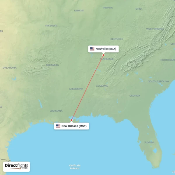 New Orleans - Nashville direct flight map