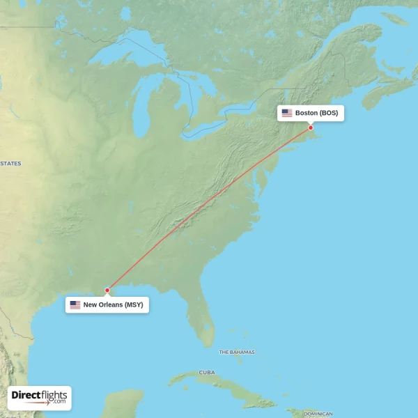New Orleans - Boston direct flight map