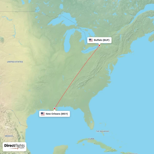 New Orleans - Buffalo direct flight map