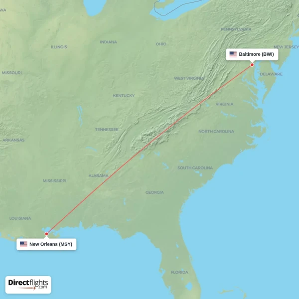 New Orleans - Baltimore direct flight map