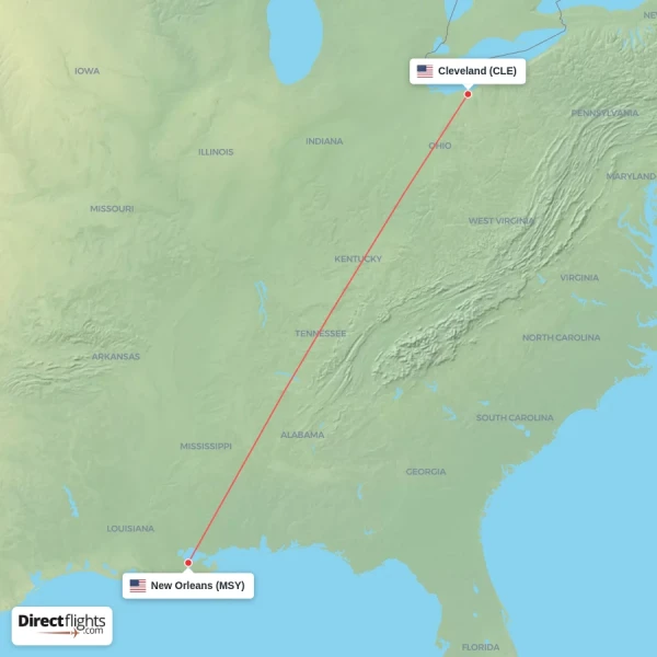 New Orleans - Cleveland direct flight map